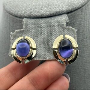 Vintage Purple Blue Resin Cabochon Silver Tone Framed Textured Stud Earrings